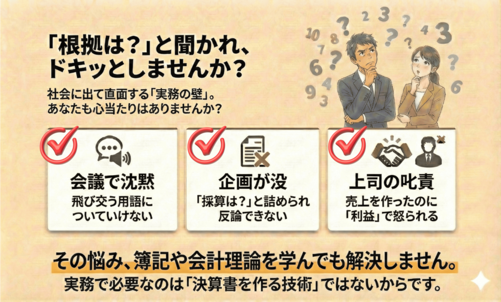 「根拠は?」と聞かれて、ドッキとしませんか?社会に出て直面する「実務の壁」。あなたにも心当たりは、ありませんか?
会議で沈黙、飛び交う用語についていけない。企画が没、「採算は?」と詰められ反論できない。上司の叱責、売上を作ったのに「利益」で怒られる。
その悩み、簿記や会計理論を学んでも解決しません。実務で必要なのは「決算書を作る技術」ではないからです。